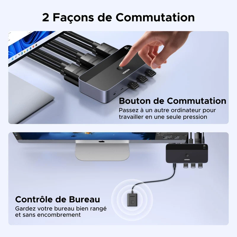 UGREEN Switch KVM DisplayPort 2 Entrées 2 Sorties 8K 60Hz 4K 240Hz Double Affichage Commutateur KVM avec 4 Ports USB 3A1C 5Gbps pour Clavier Souris Disque Dur Contrôleur de Bureau Câbles USB Inclus