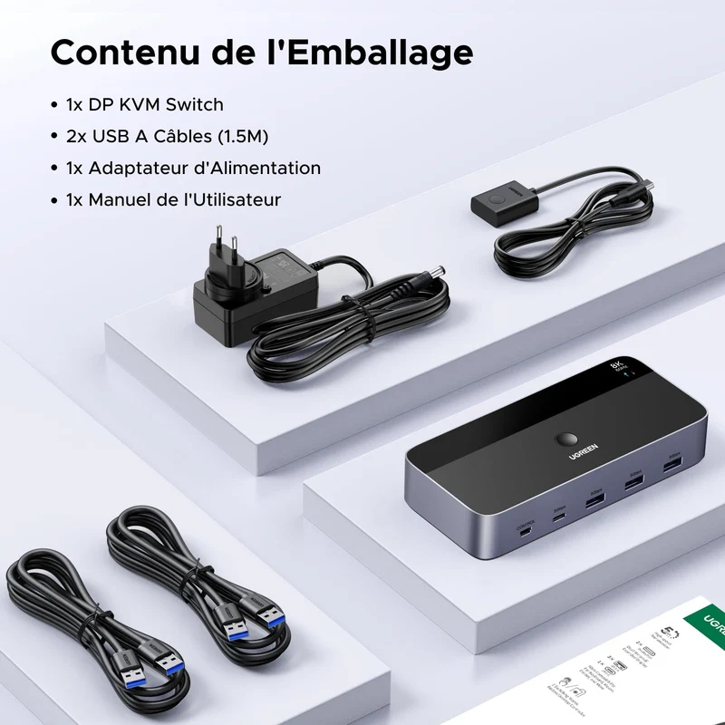 UGREEN Switch KVM DisplayPort 2 Entrées 2 Sorties 8K 60Hz 4K 240Hz Double Affichage Commutateur KVM avec 4 Ports USB 3A1C 5Gbps pour Clavier Souris Disque Dur Contrôleur de Bureau Câbles USB Inclus