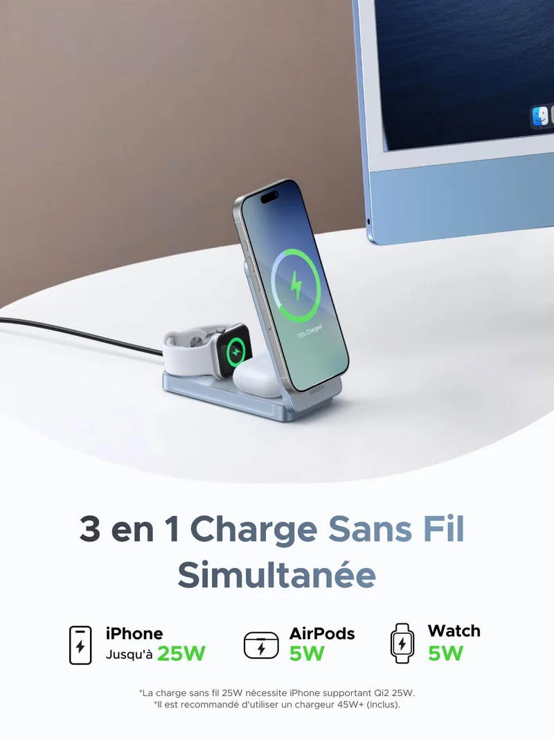 UGREEN MagFlow Chargeur sans fil magnétique 3-en-1 (Qi2 25 W, compatible MagSafe)