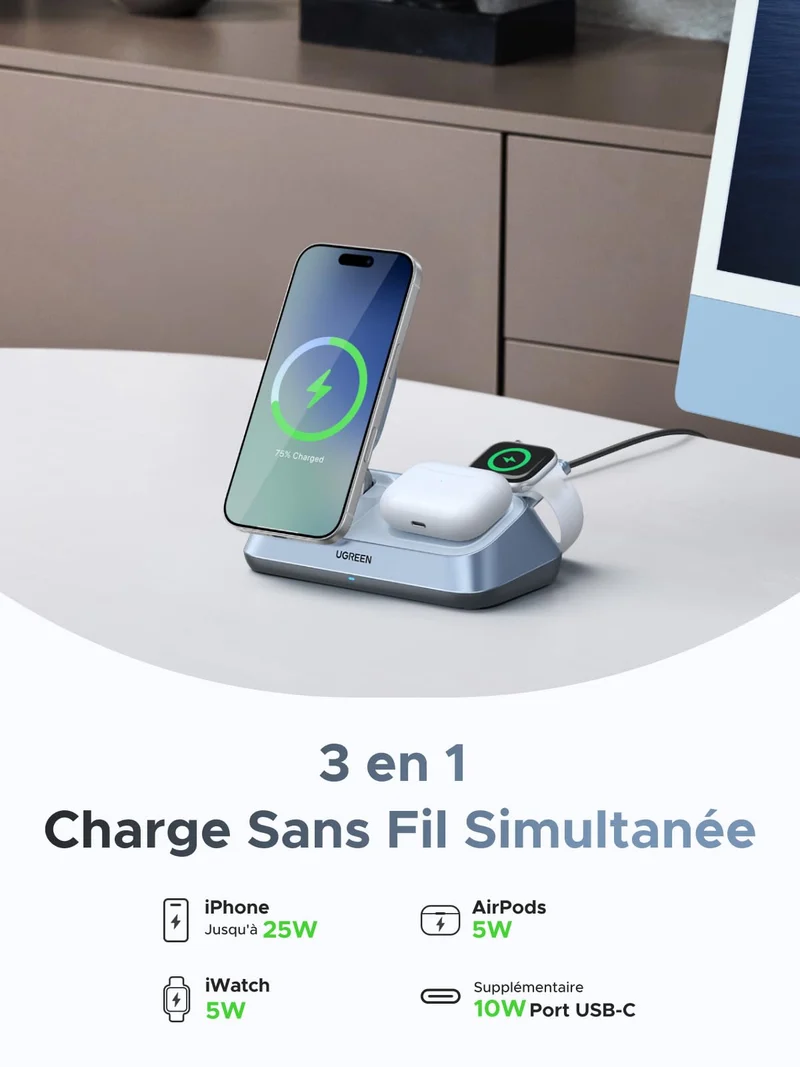 UGREEN MagFlow Chargeur sans fil magnétique 3-en-1 (Qi2 25 W, compatible MagSafe)