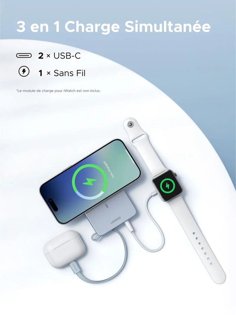 UGREEN MagFlow Batterie Externe Magnétique Sans Fil (10000mAh, Qi2 25W, Compatible MagSafe)