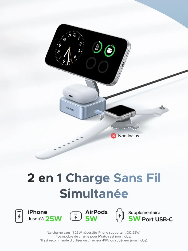 UGREEN MagFlow Chargeur sans fil magnétique 2-en-1 (Qi2 25 W, compatible MagSafe)