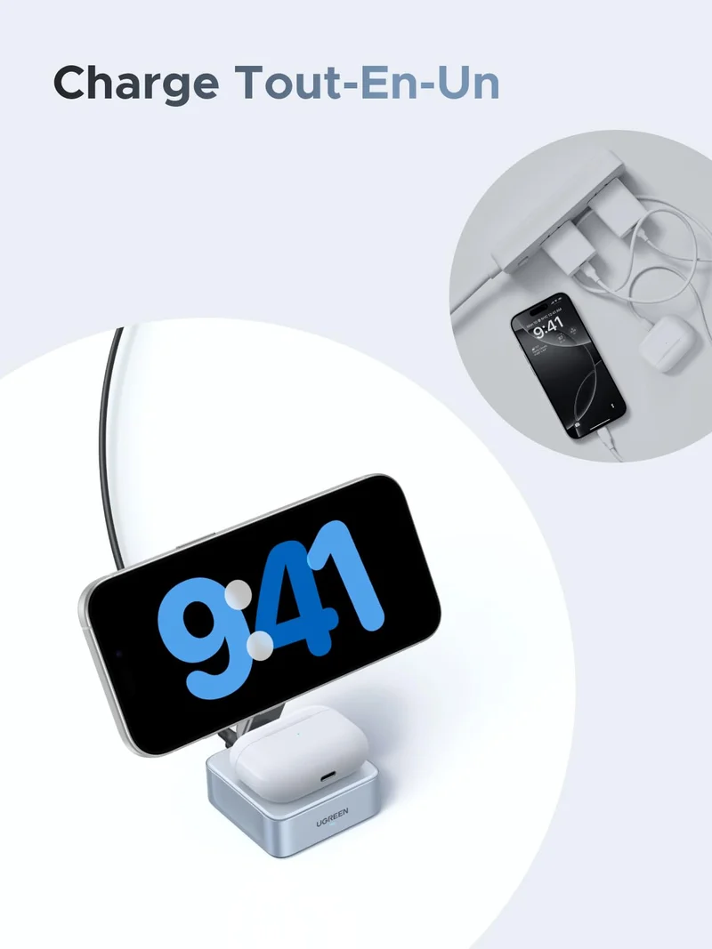 UGREEN MagFlow Chargeur sans fil magnétique 2-en-1 (Qi2 25 W, compatible MagSafe)