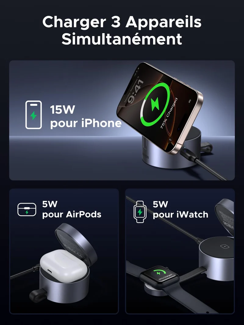 UGREEN UNO Chargeur Sans Fil Magnétique 3-en-1 25 W (Compatible MagSafe)