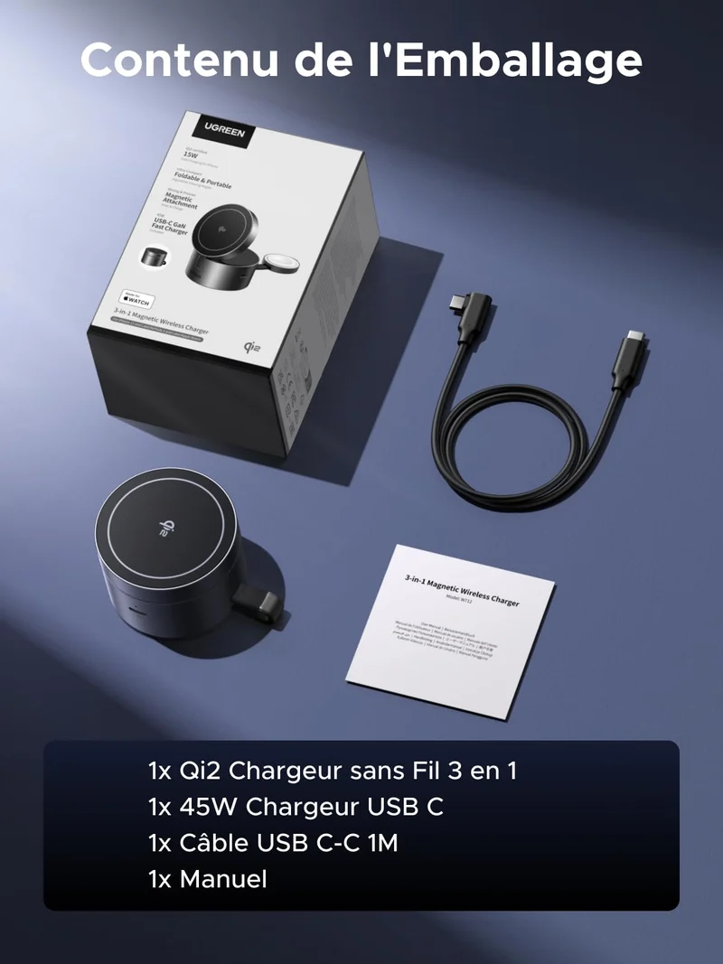UGREEN UNO Chargeur Sans Fil Magnétique 3-en-1 25 W (Compatible MagSafe)