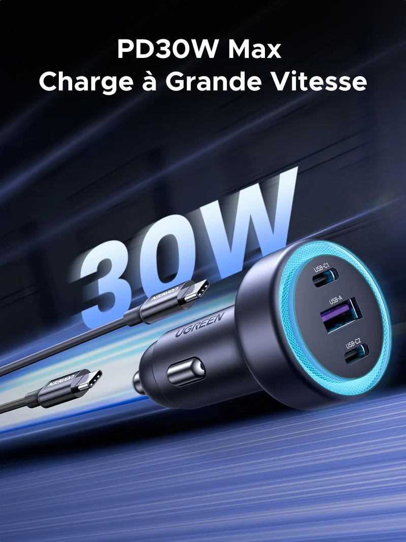 UGREEN Allume Cigare USB C 3 Ports 30W PD QC 3.0 Chargeur Voiture Rapide Lumière LED Compatible avec iPhone 16 Plus Pro Max 15 14 13 Galaxy S24 Ultra S23 Pixel 9 8 7