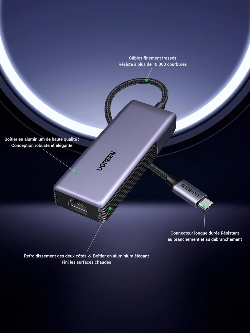 UGREEN 5Gbps Adaptateur USB C Ethernet RJ45 5 Gigabit Thunderbolt C 3.2 Gen 2 vers RJ45 WOL MDI MDIX en Aluminium Compatible avec Windows 11 Linux Kernel 5.17 MacOS