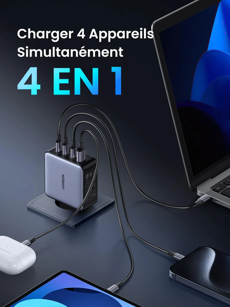 UGREEN Nexode X 160W USB C Chargeur Rapide 4 Ports GaNInfinity Prise USB C Compatible avec iPhone 16 Plus Pro Max 15 14 13 12 11 Galaxy PPS 45W S24 Ultra S23 S22 Pixel iPad MacBook Air Pro M3 M2 M1
