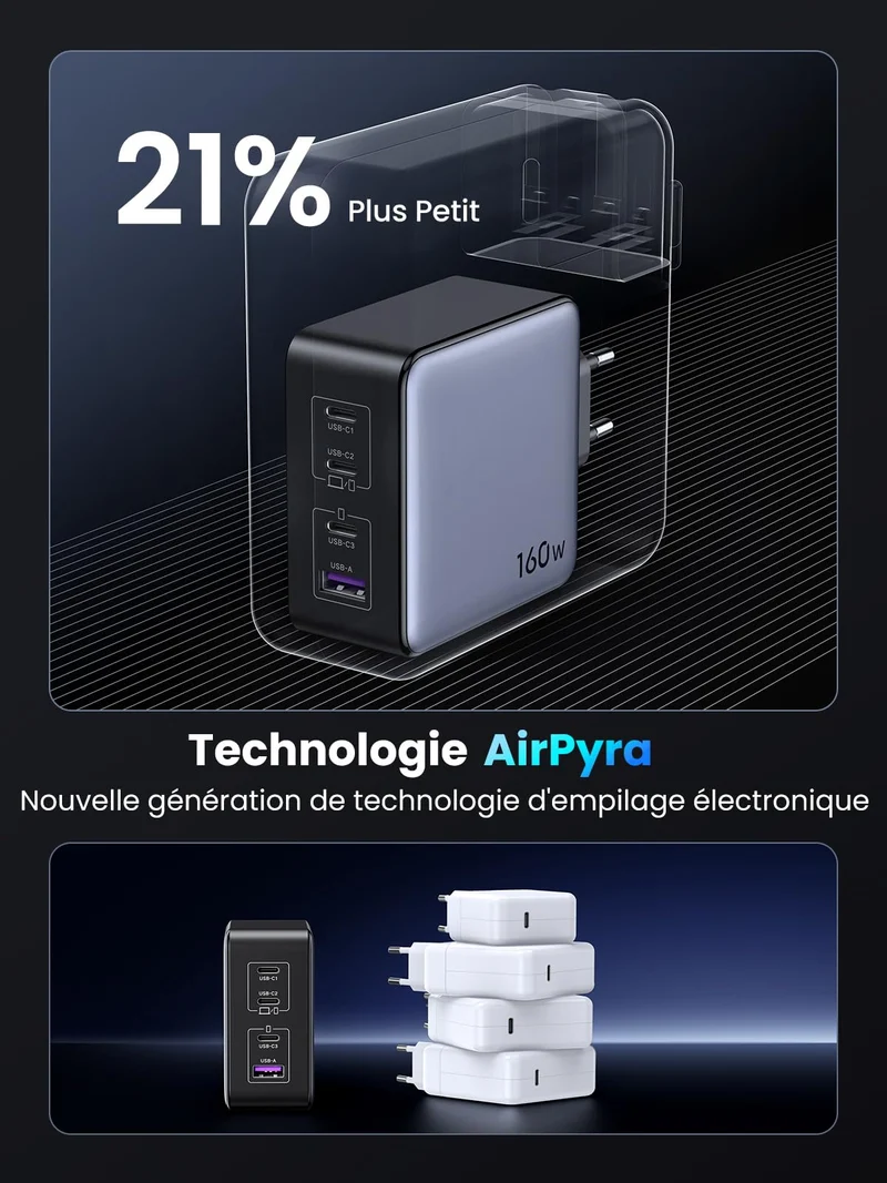 UGREEN Nexode X 160W USB C Chargeur Rapide 4 Ports GaNInfinity Prise USB C Compatible avec iPhone 16 Plus Pro Max 15 14 13 12 11 Galaxy PPS 45W S24 Ultra S23 S22 Pixel iPad MacBook Air Pro M3 M2 M1