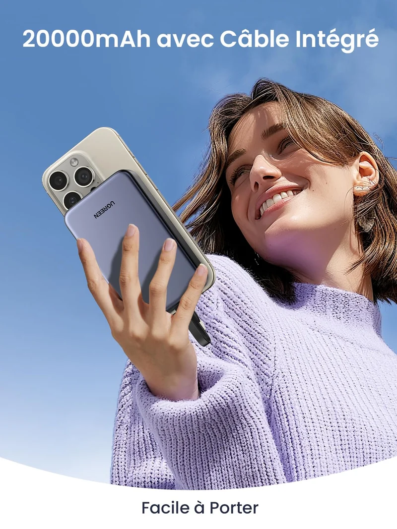 UGREEN Batterie Externe 20000mAh 22.5Wavec Câble USB C Intégré