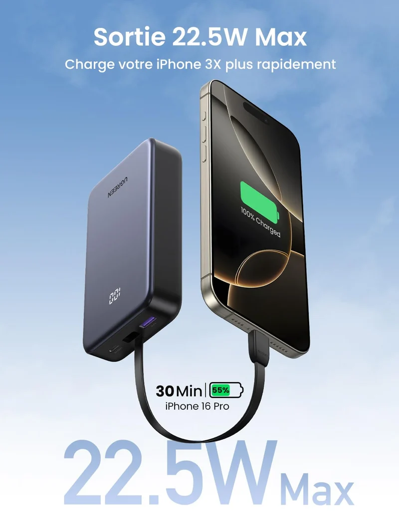 UGREEN Batterie Externe 20000mAh 22.5Wavec Câble USB C Intégré