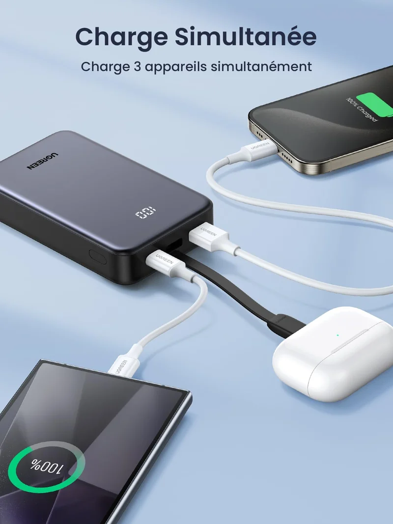 UGREEN Batterie Externe 20000mAh 22.5Wavec Câble USB C Intégré