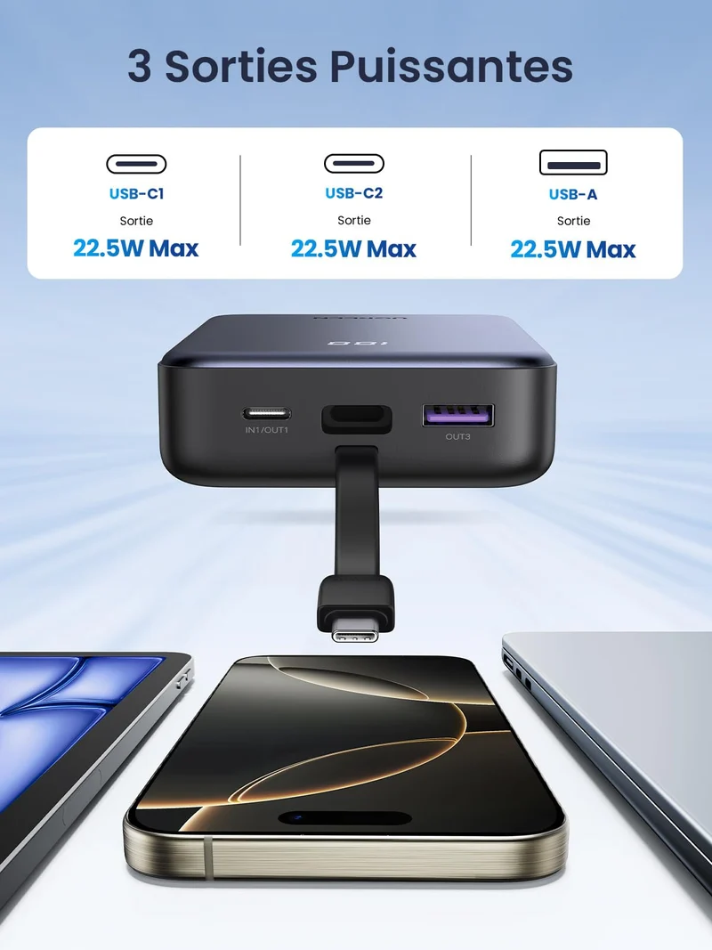 UGREEN Batterie Externe 20000mAh 22.5Wavec Câble USB C Intégré