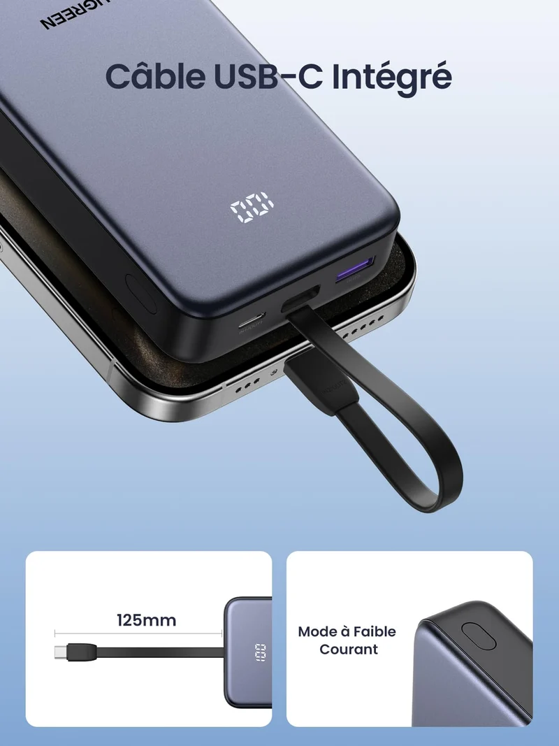 UGREEN Batterie Externe 20000mAh 22.5Wavec Câble USB C Intégré