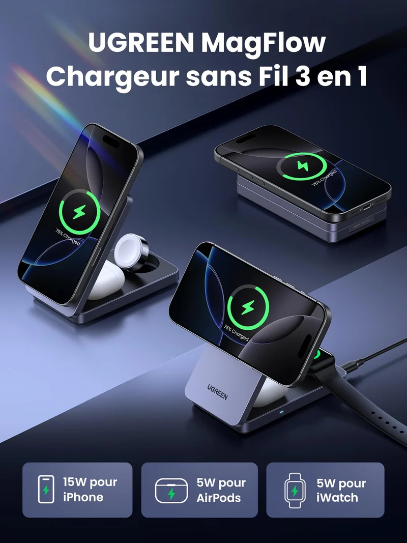 UGREEN MagFlow Chargeur Sans Fil 3-en-1 (Qi2 15W, Pliable, Compatible MagSafe)