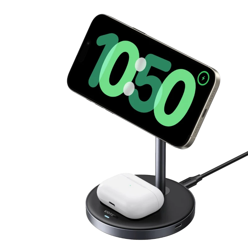 UGREEN MagFlow Chargeur Sans Fil 2-en-1 (Qi2 15W, Compatible MagSafe)