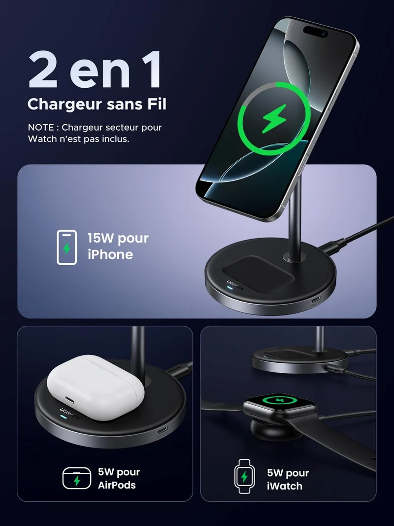 UGREEN MagFlow Chargeur Sans Fil 2-en-1 (Qi2 15W, Compatible MagSafe)