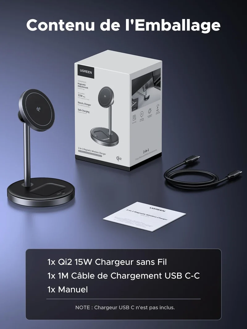 UGREEN MagFlow Chargeur Sans Fil 2-en-1 (Qi2 15W, Compatible MagSafe)