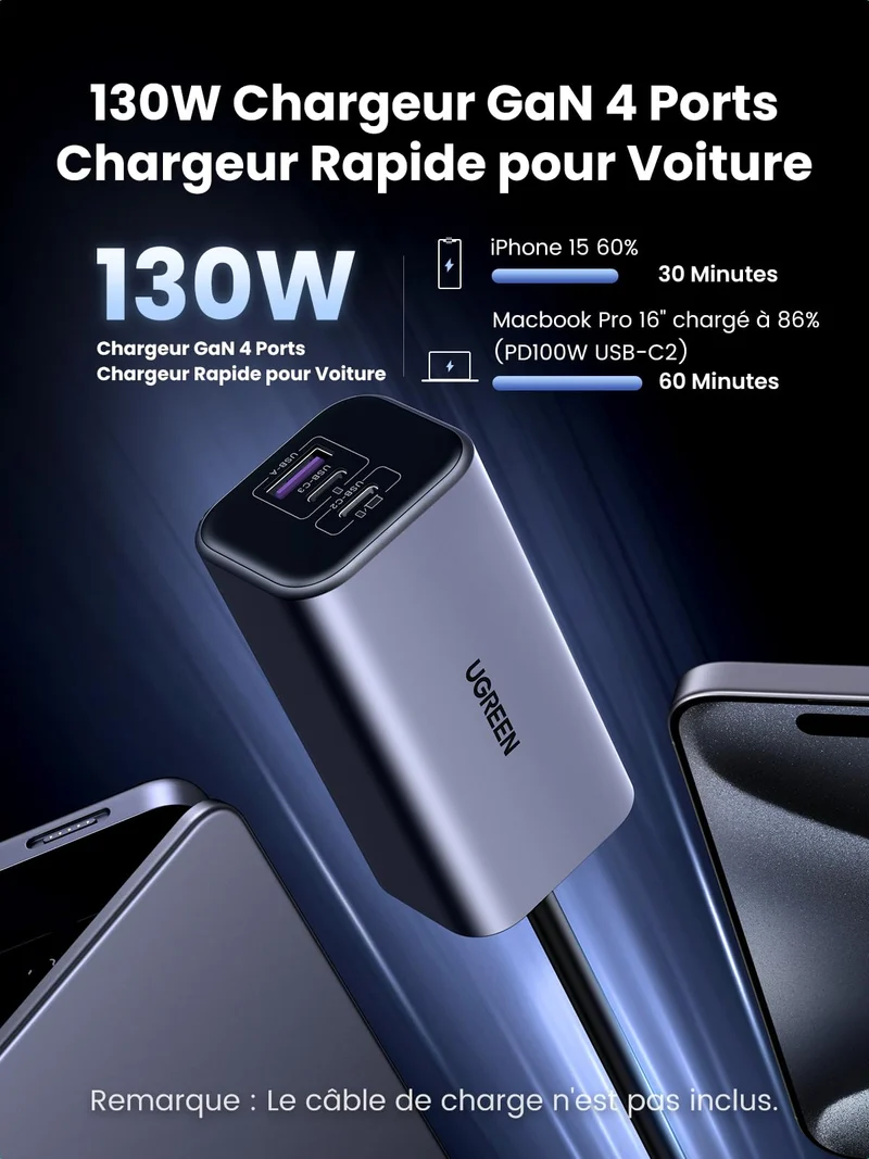 UGREEN 130W Chargeur Allume Cigare USB C GaN PD3.0 QC 4.0 PPS Chargeur Voiture Rapide 4 Ports