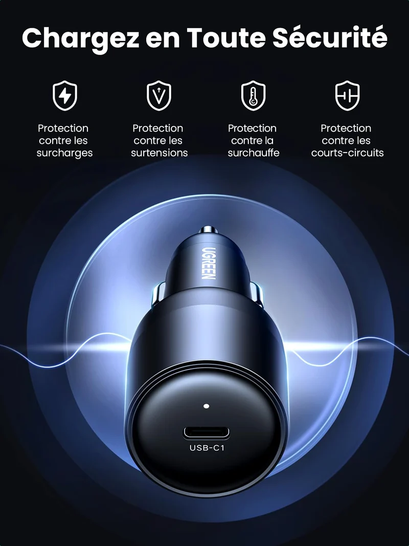 UGREEN 130W Chargeur Allume Cigare USB C GaN PD3.0 QC 4.0 PPS Chargeur Voiture Rapide 4 Ports