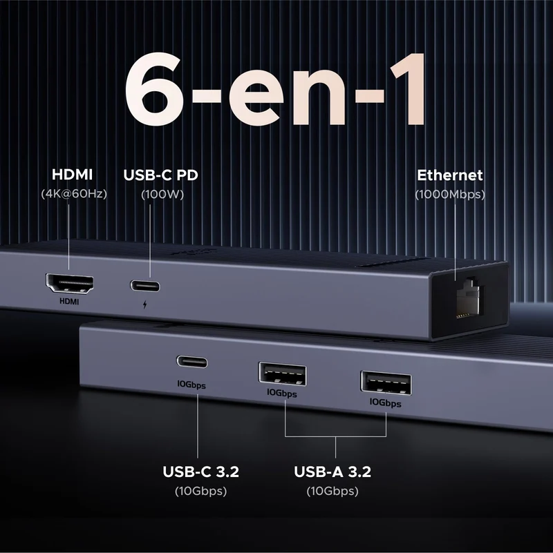 UGREEN Revodok Pro 1061 Hub USB-C 6-en-1 (10Gbps, 4K@60Hz, PD100W)