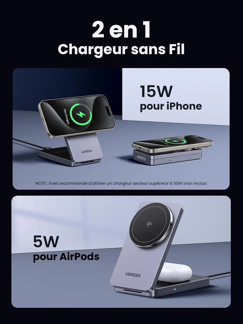 UGREEN MagFlow Chargeur Sans Fil 2-en-1 (Qi2 15W, Compatible MagSafe, Pliable)