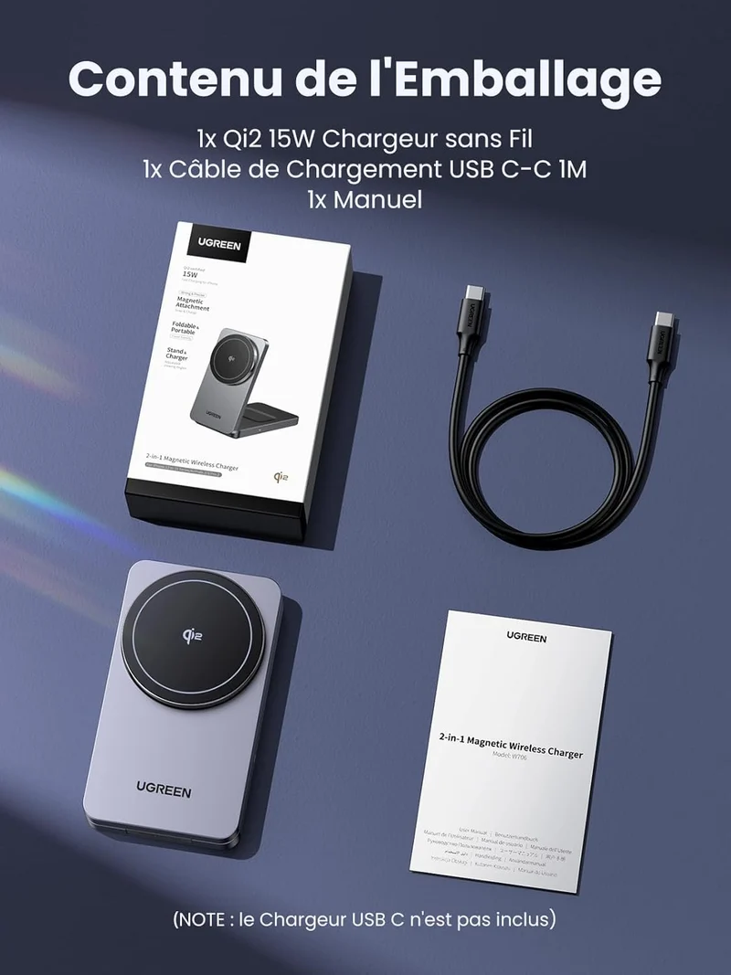 UGREEN MagFlow Chargeur Sans Fil 2-en-1 (Qi2 15W, Compatible MagSafe, Pliable)