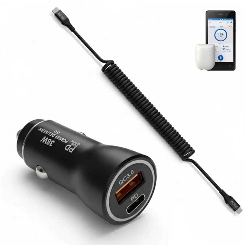 Chargeur de voiture rapide 38W et câble enroulé USB-C pour Omnipod 5