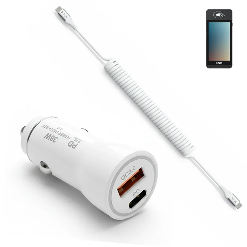 Chargeur de voiture 38 W pour terminal portatif de point de vente Adyen avec câble USB-C spiralé | Agoz