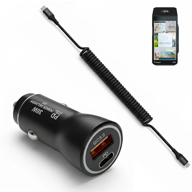 Chargeur de voiture 38W pour terminal POS Verifone avec câble USB-C spiralé | Agoz