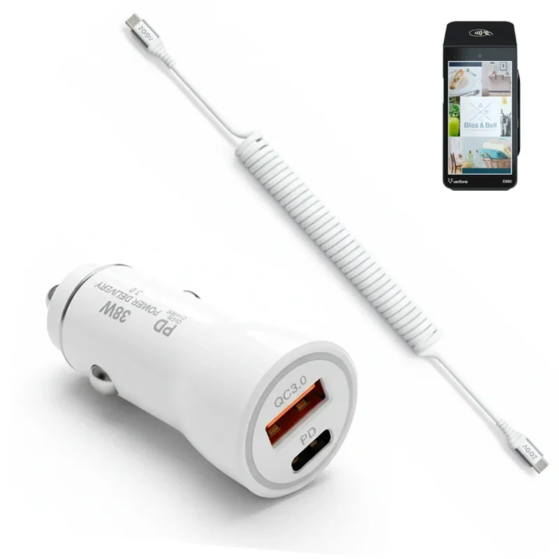Chargeur de voiture 38W pour terminal POS Verifone avec câble USB-C spiralé | Agoz