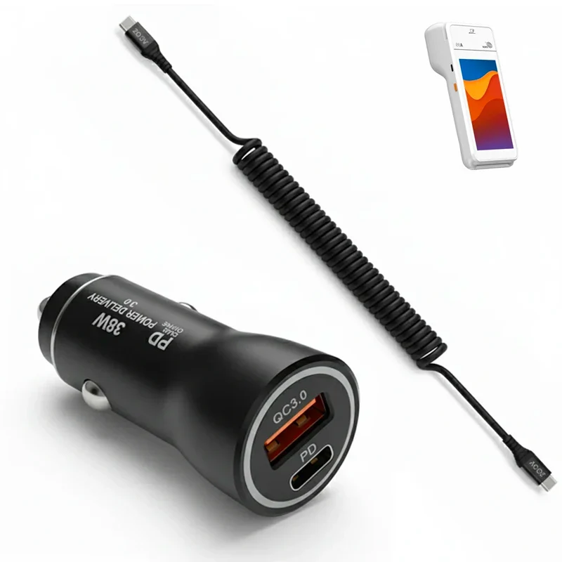 Chargeur de voiture 38W pour terminal PAX POS avec câble USB-C spiralé | Agoz