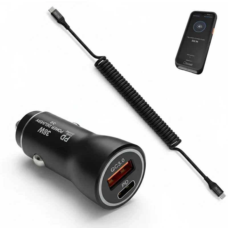 Chargeur de voiture 38W pour terminal POS portable Toast Go 3 avec câble USB-C spiralé | Agoz