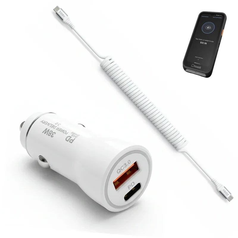 Chargeur de voiture 38W pour terminal POS portable Toast Go 3 avec câble USB-C spiralé | Agoz