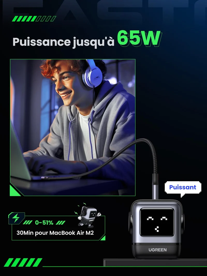 UGREEN Nexode Uno 65W Chargeur USB C Rapide 3 Ports (Noir)