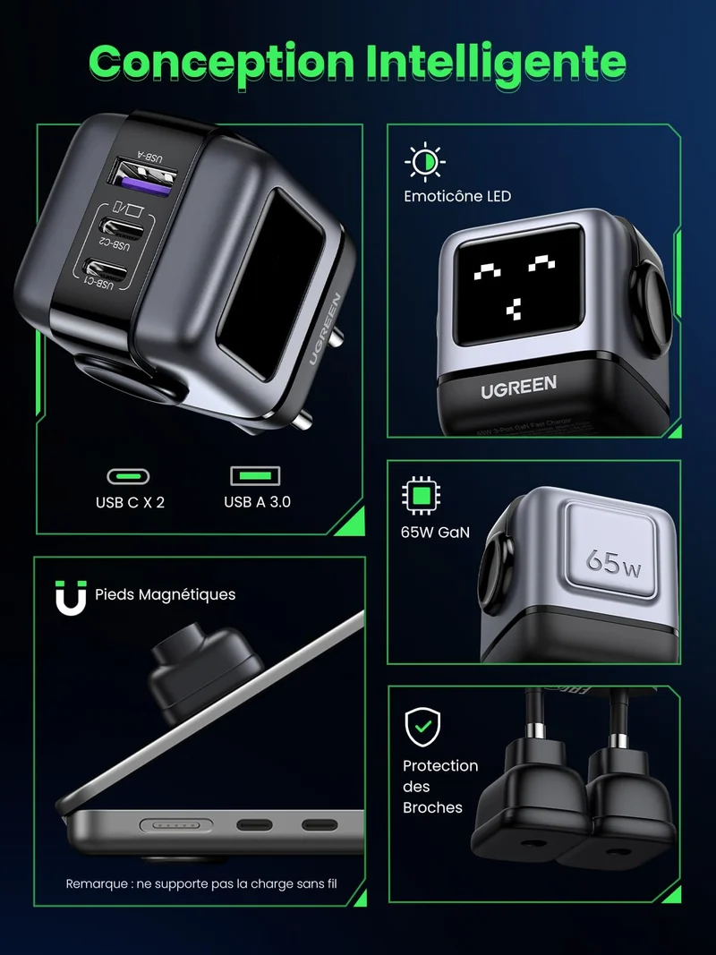 UGREEN Nexode Uno 65W Chargeur USB C Rapide 3 Ports (Noir)