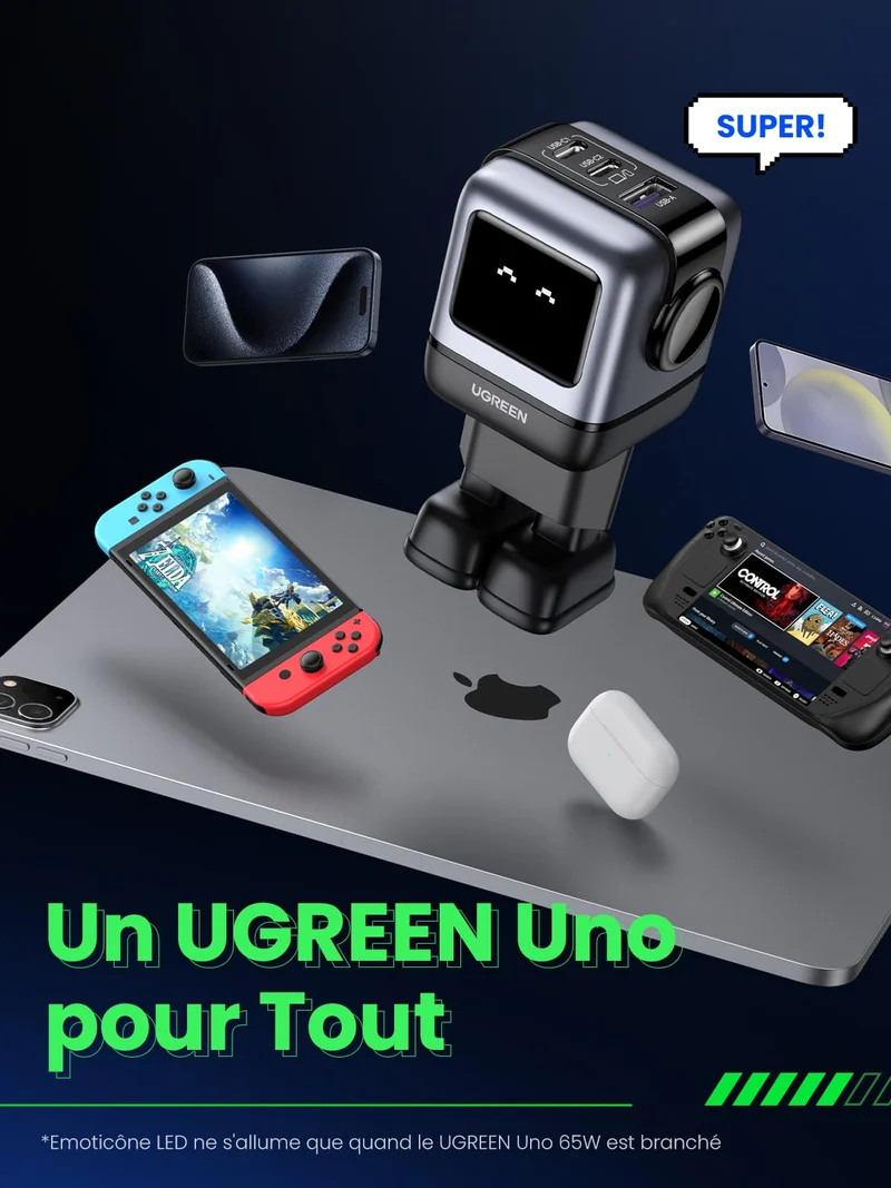 UGREEN Nexode Uno 65W Chargeur USB C Rapide 3 Ports (Noir)