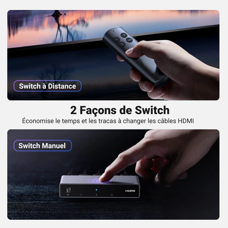 UGREEN Switch HDMI 2.1 8K 60Hz Commutateur HDMI 4K 120Hz 1080P Dolby Vision Atmos HDR 3D Haute Vitesse 48Gbps