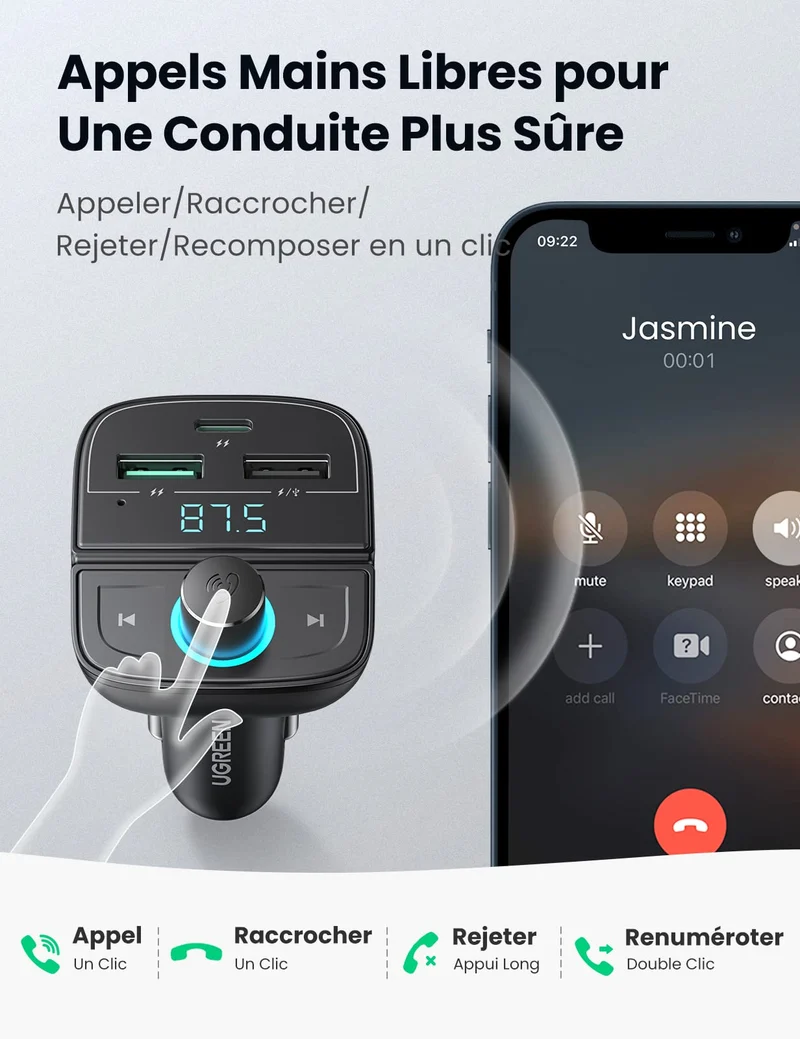 UGREEN Transmetteur FM Bluetooth 5.0 Adaptateur Audio de Voiture sans Fil Chargeur Allume Cigare USB C