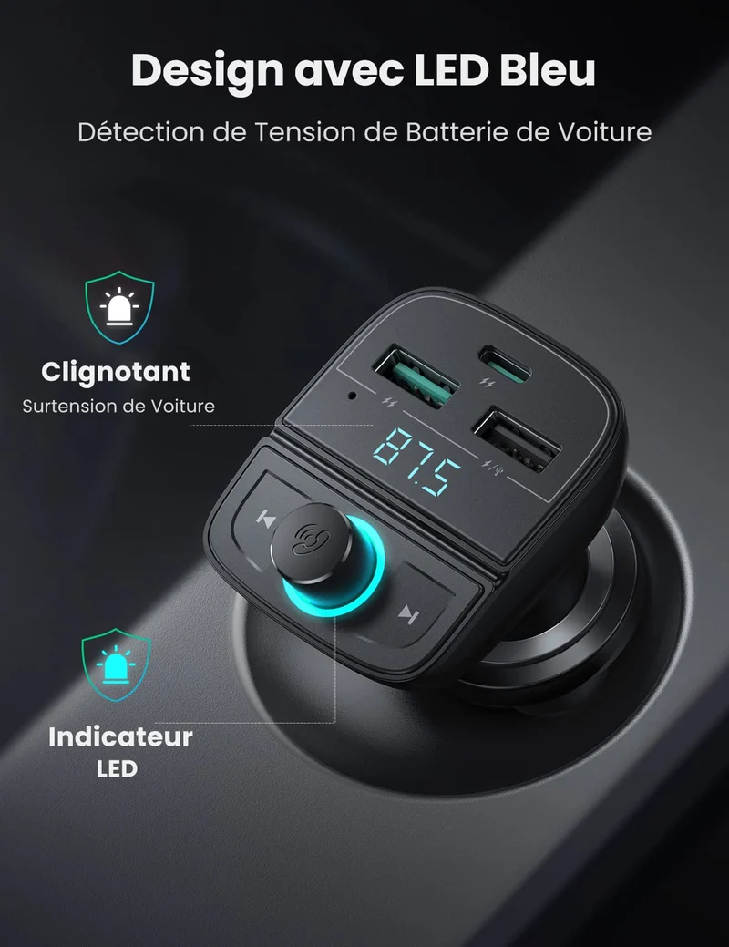 UGREEN Transmetteur FM Bluetooth 5.0 Adaptateur Audio de Voiture sans Fil Chargeur Allume Cigare USB C