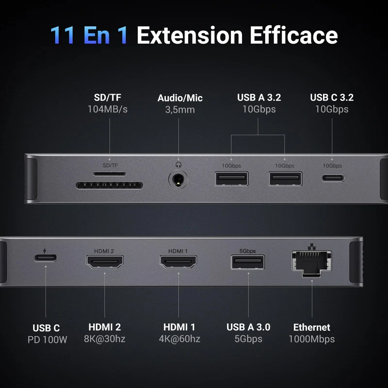 UGREEN Revodok Pro 211 Docking Station USB C 11 en 1 Double HDMI 8K30Hz USB 3.2 10Gbps avec Ethernet RJ45 Hub Adaptateur USB C