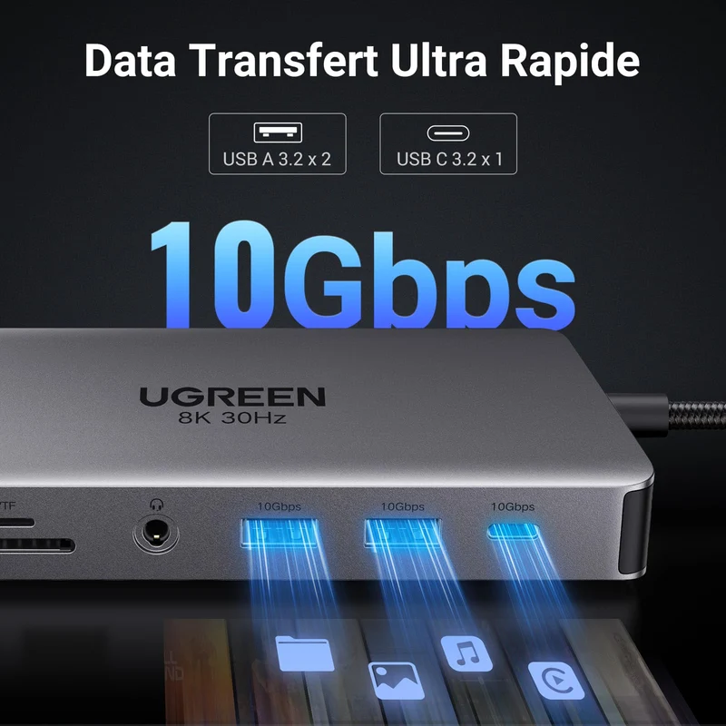 UGREEN Revodok Pro 211 Docking Station USB C 11 en 1 Double HDMI 8K30Hz USB 3.2 10Gbps avec Ethernet RJ45 Hub Adaptateur USB C