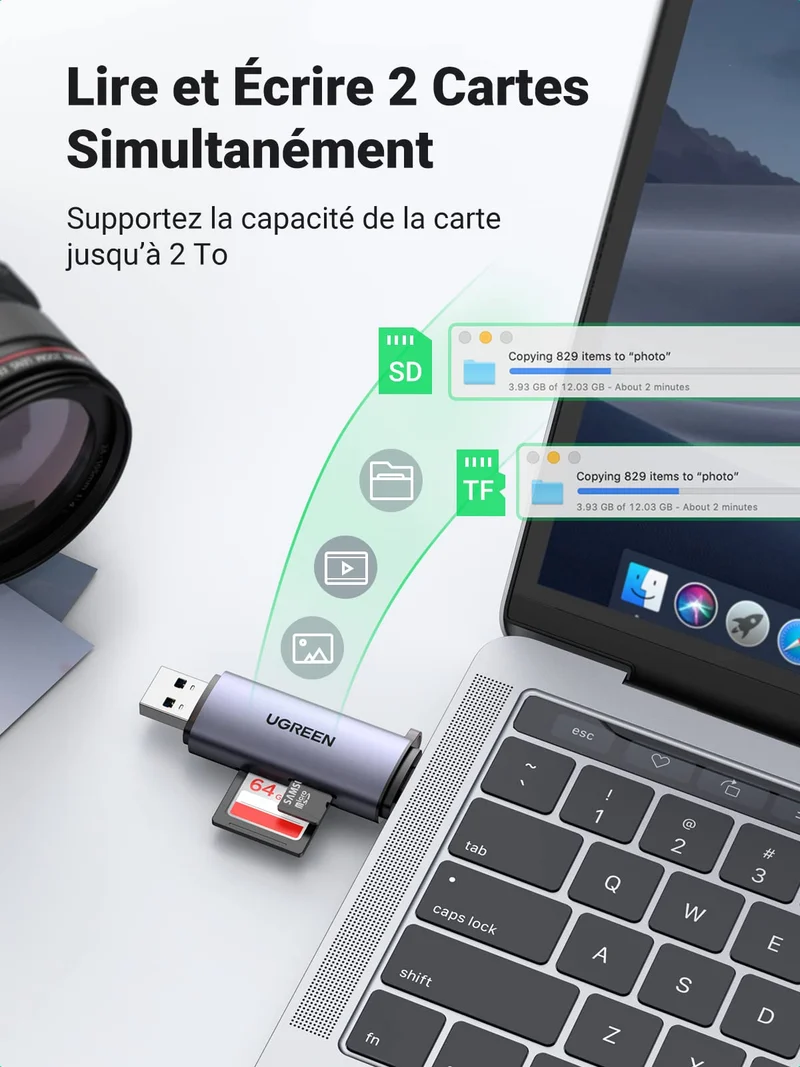 UGREEN Lecteur de Carte SD Micro SD USB C USB 3.0 2 en 1 Adaptateur