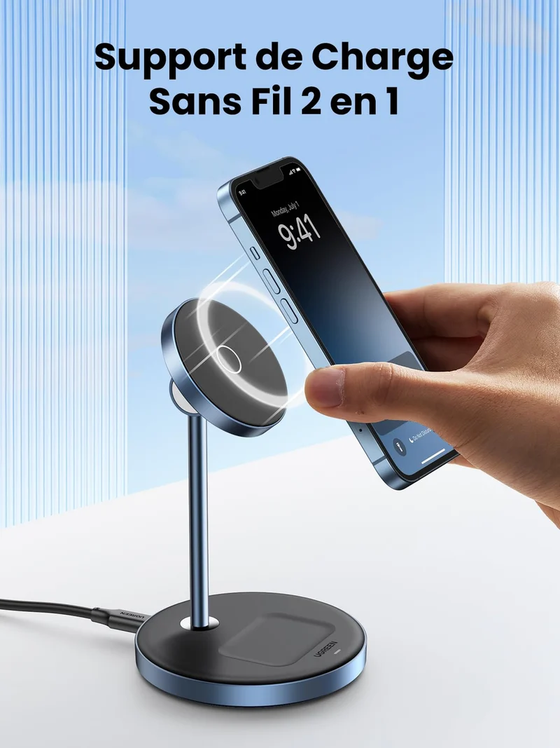 UGREEN Support de Chargeur Magnétique 2 en 1 Station de Charge Induction sans Fil