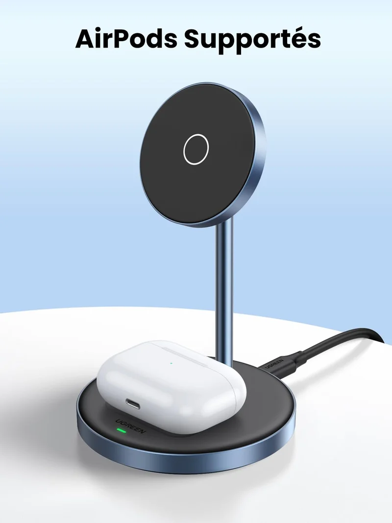UGREEN Support de Chargeur Magnétique 2 en 1 Station de Charge Induction sans Fil