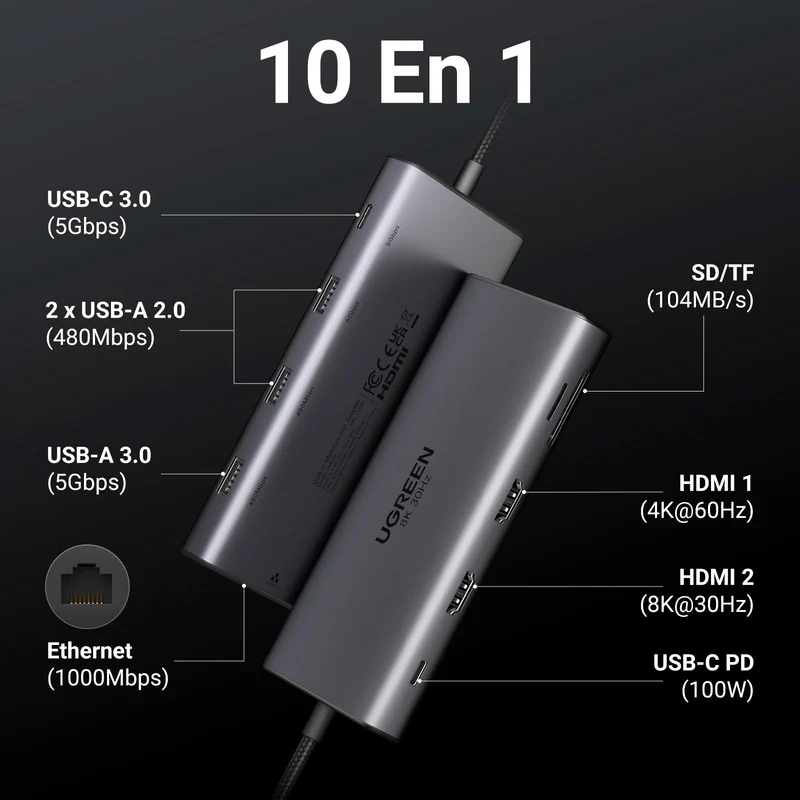 UGREEN Revodok Pro 210 Hub USB-C 10-en-1 (double HDMI 4K 60 Hz, 100 W PD)