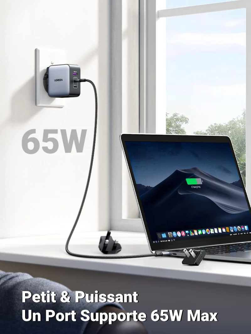 UGREEN Nexode 65W GaN Chargeur USB C 3 Ports (prises US/UK/EU)