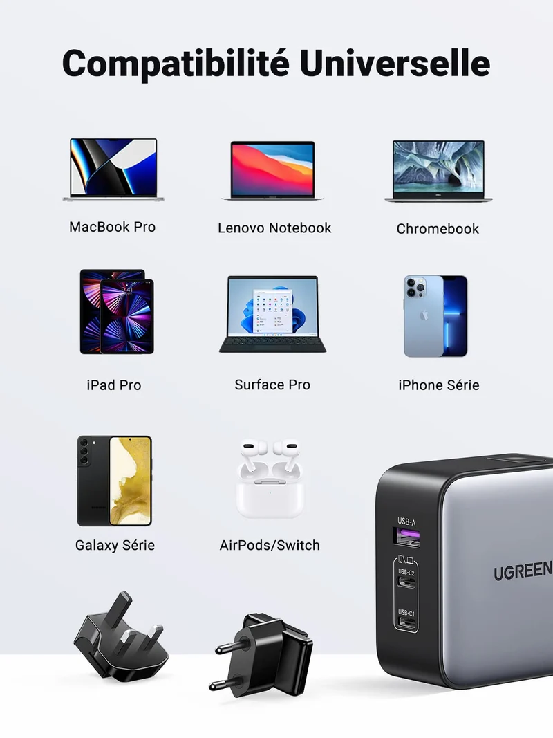 UGREEN Nexode 65W GaN Chargeur USB C 3 Ports (prises US/UK/EU)