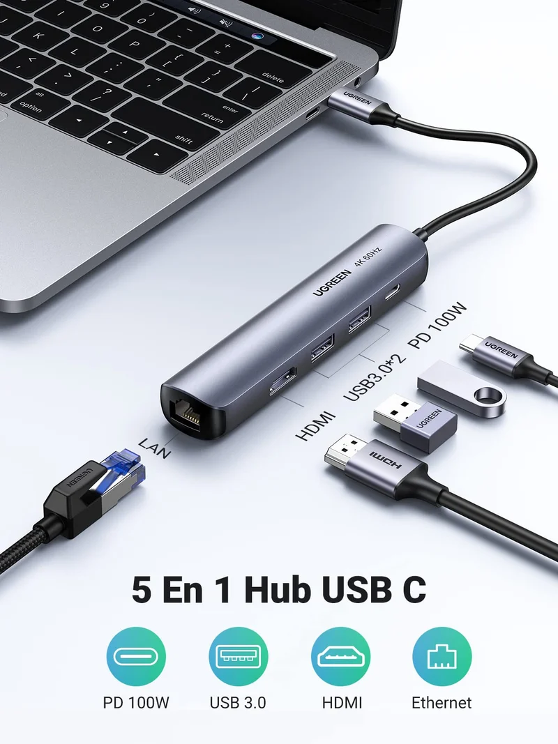 UGREEN Hub USB C 5 en 1 PD 100W (HDMI 4K@60Hz, PD 100W)