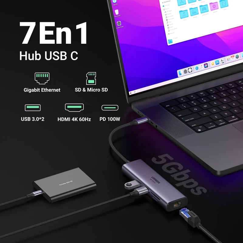 UGREEN Revodok Hub USB C 7 en 1 Ethernet Adaptateur (HDMI 4K 60 Hz)